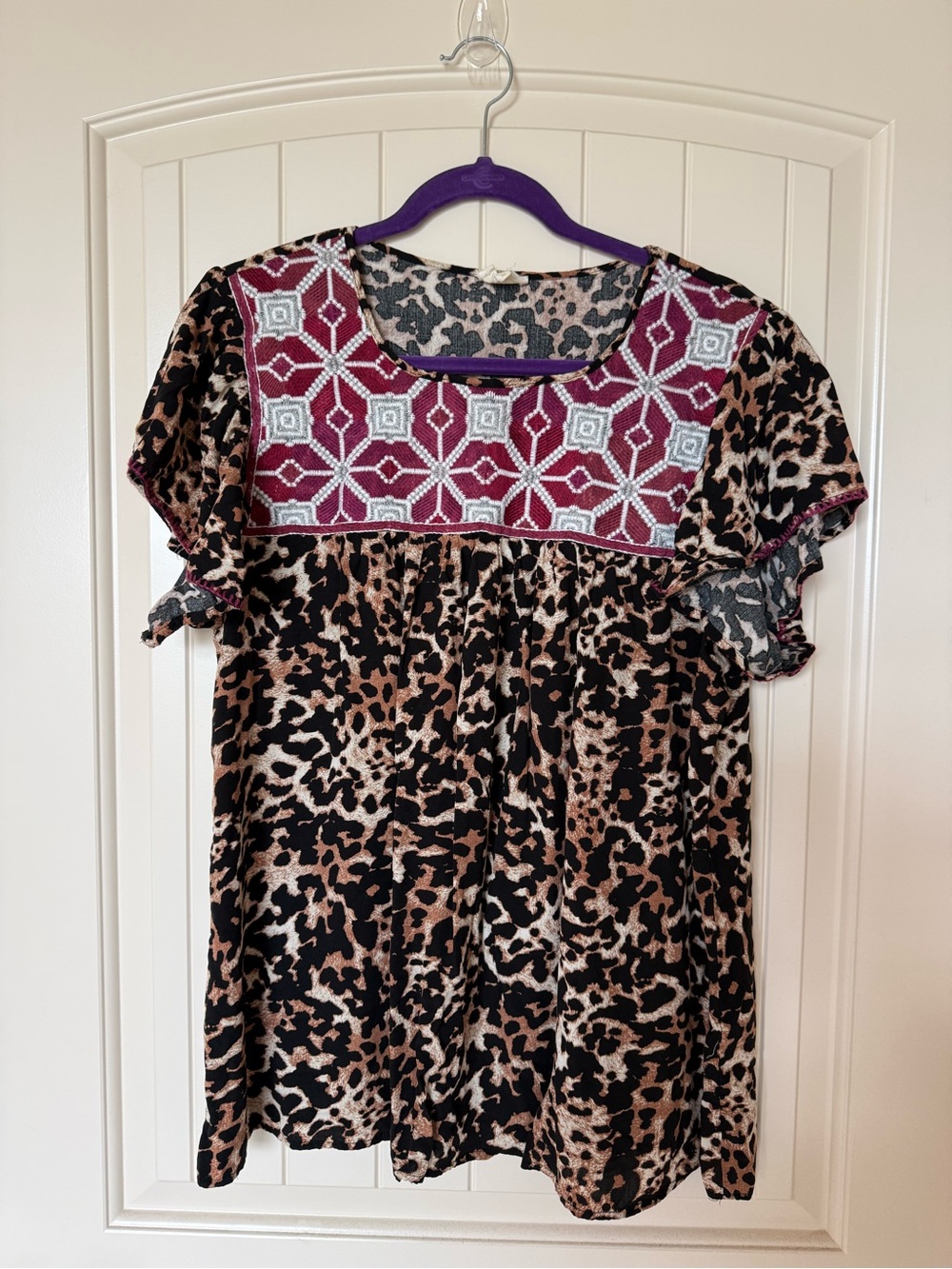 Leopard Print Women’s Top with Embroidered Magenta Yoke XL